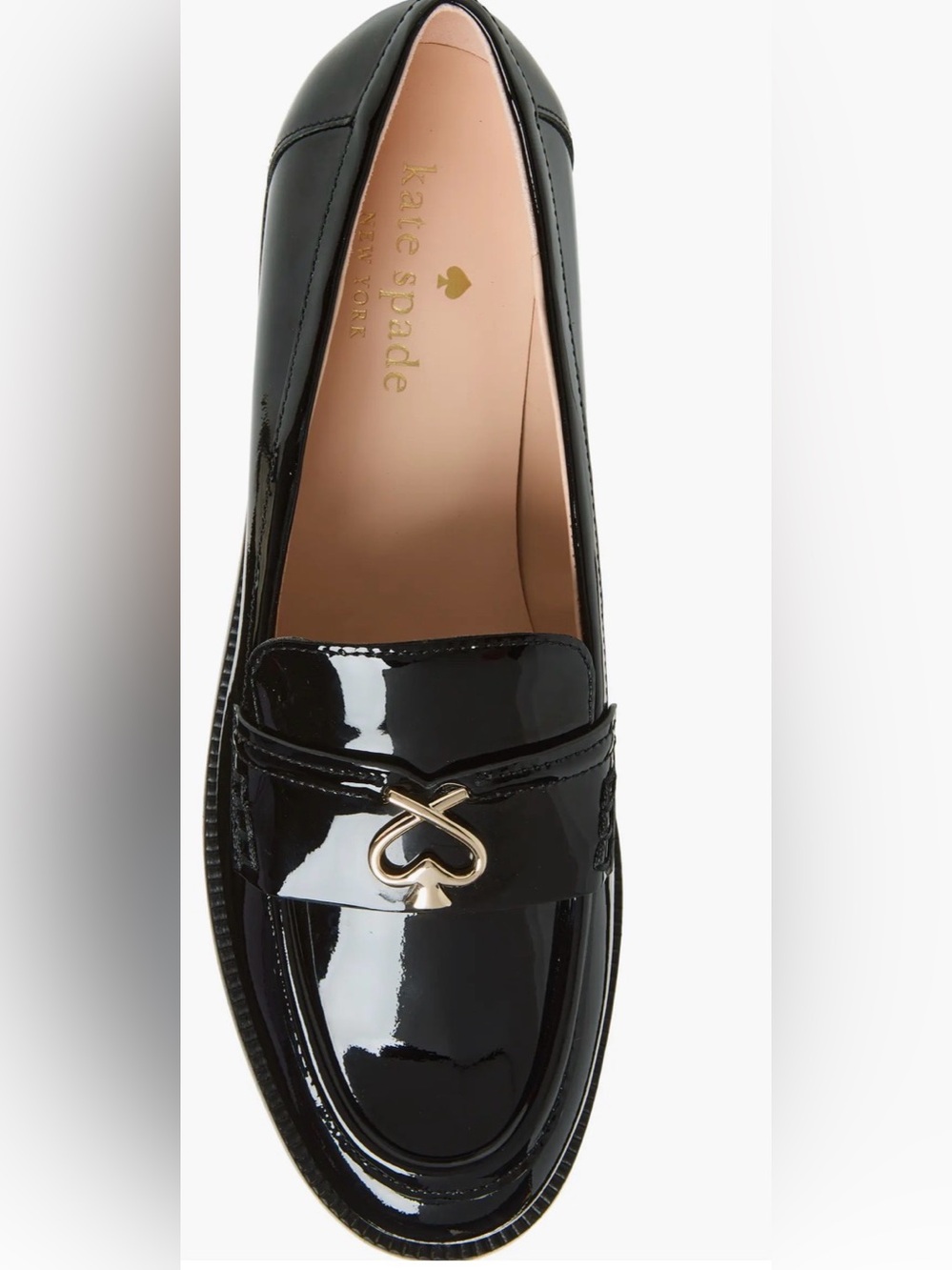Kate Spade Kara Black Patent Leather Loafers Gold Spade Hardware - Picture 2 of 4